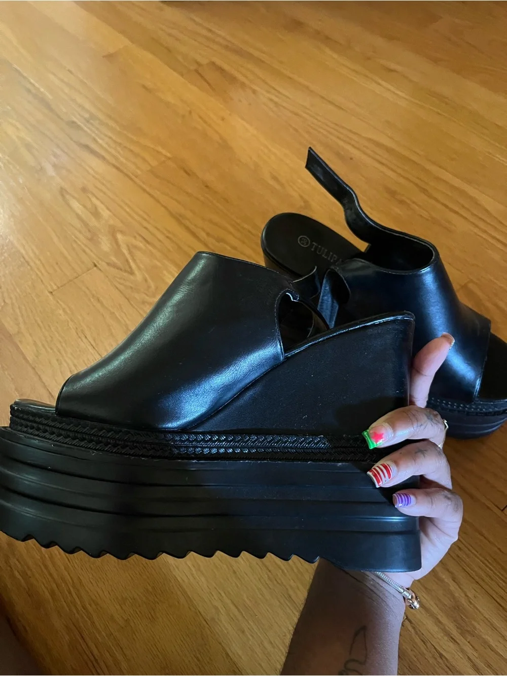 Black Platform Wedge Slingback Sandals